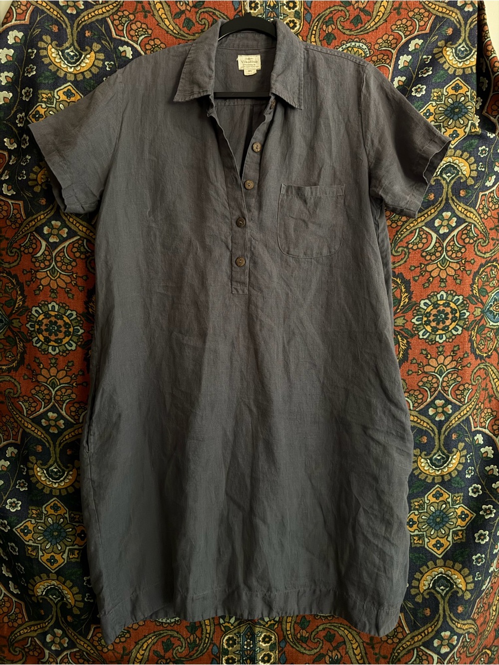 Relaxed Short-Sleeve Linen Tunic Dress in Slate Gray